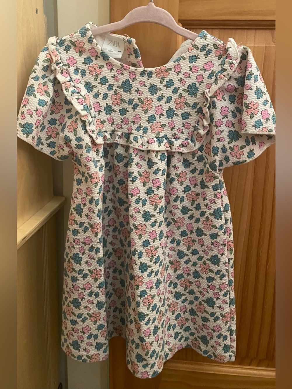 Zara Cream Floral Ruffle Dress with Pink & Teal Flowers